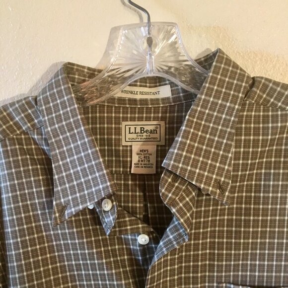 LL Bean Long Sleeve Button Down Shirt Plaid Shirt Green White Brown Size XL - Picture 3 of 6